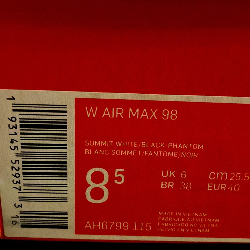 Women Nike Air Max 98 Summit White Black Phantom size 8.5. NWT in original Box.